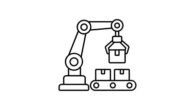 Black outline robotic arm sorting boxes icon on transparent background design.