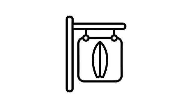 Black outline surfboard sign vector graphic for beach cafe.