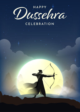 Dussehra Festival Greeting Poster Featuring Lord Rama Silhouette Holding a Bow and Arrow in Front of a Large Glowing Full Moon Under a Dramatic Blue Night Sky, Editable Vector Illustration
