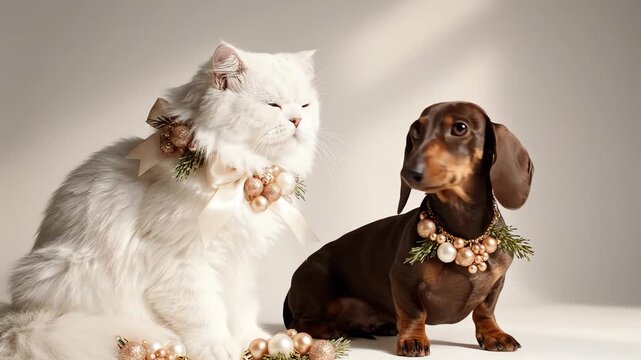 White longhair cat and brown dachshund dog wearing festive collars