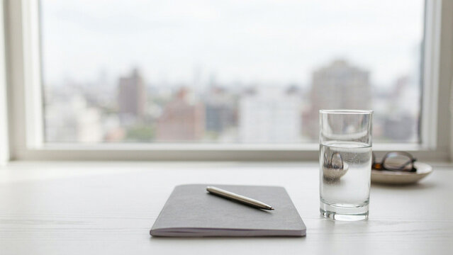 Closed notebook with a pen and a glass of water on a desk near a window overlooking a city clear water home office desk setup time management still life desk surface