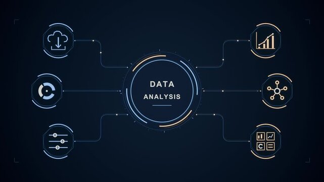 Data analysis interface blue gold icons analytics charts cloud network A circular hub connects cloud charts controls and reports for analytics branding and business presentations and social media