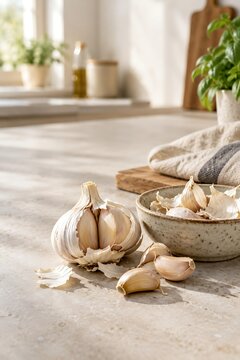 Fresh organic garlic bulb and cloves on marble kitchen countertop with natural sunlight and ceramic bowl