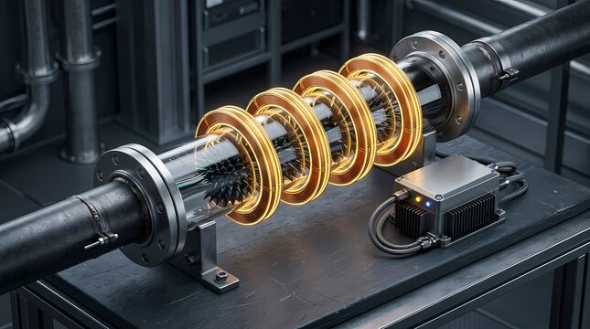 Electromagnetic flow meter with copper induction coils around clear pipe containing ferrofluid