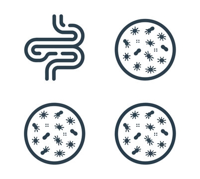Bowels and microflora bacteria, vector icon set featuring intestines and microbiota symbols for digestive health, gut flora, probiotic concepts