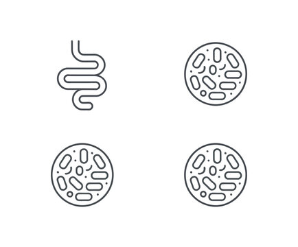Bowels and microflora bacteria, vector icon set featuring intestines and microbiota symbols for digestive health, gut flora, probiotic concepts