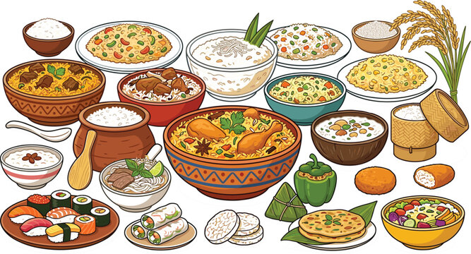 Asian rice dishes vector set with biryani fried rice sushi rolls rice pudding rice porridge pho sticky rice and rice cakes collection