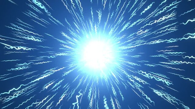 Electric energy burst blue rays glowing loop radial plasma abstract A brilliant core sends electric strands outward through blue space for energetic technology campaigns and event displays