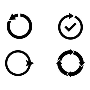 Set of circular arrow icons representing refresh reload and checkmark with circular
