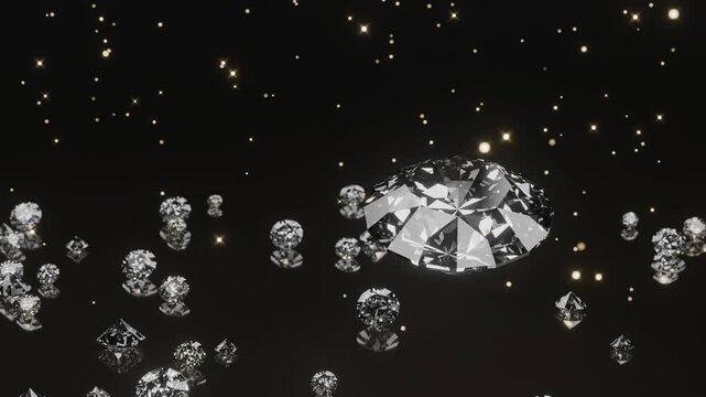 Diamonds floating black loop sparkling gemstones luxury cosmic abstract background A faceted jewel shines among smaller crystals and golden stars for jewelry branding and premium event designs