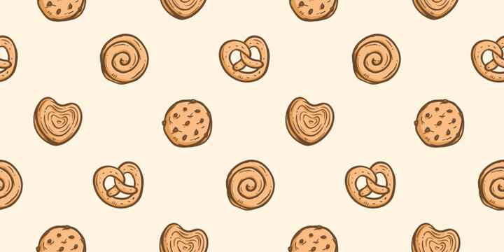 Cookies doodle background. Biscuit pattern background. Chocolate chip cookies seamless pattern. Crackers hand drawn pattern with various shapes. Dessert and snack background for packaging.