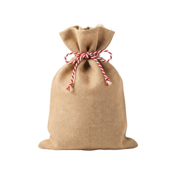 Rustic burlap sack tied with red and white string
