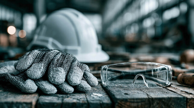 Safety goggles, a hard hat, and work gloves are lying on a wooden table in the well‑lit workshop.