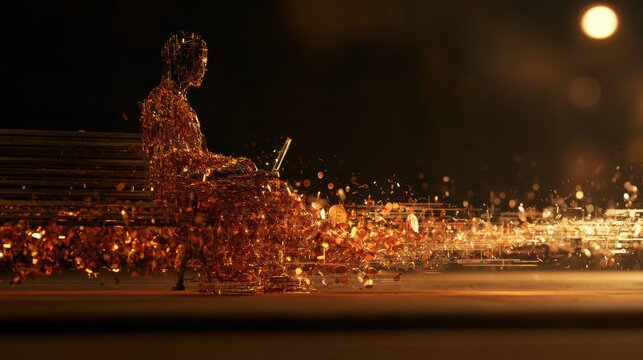An abstract figure works on a laptop in a lower-cost location, surrounded by contrasting currencies and a dark background.