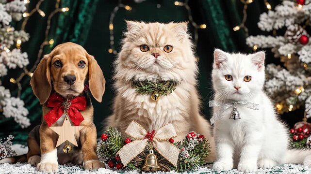 Adorable puppy and cats sitting together with christmas decorations