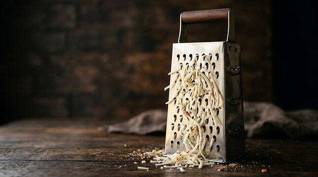 A stainless steel kitchen grater shredding cheese on a dark rustic wooden table