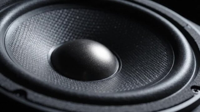 Close up of a black audio speaker cone vibrating with heavy bass sound