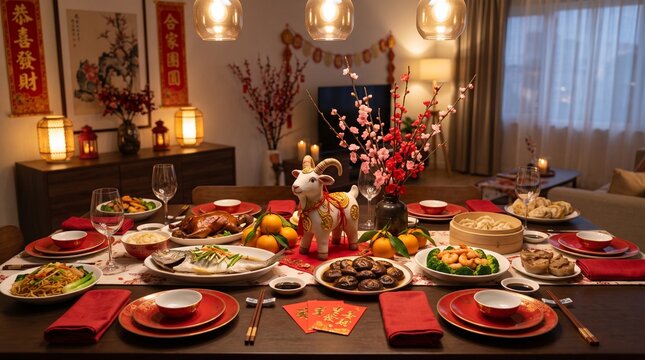 Chinese New Year Feast Table Setting With Goat Figurine And Traditional Food