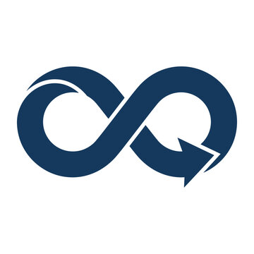 Blue infinity symbol icon with an arrow representing endless cycle and progress