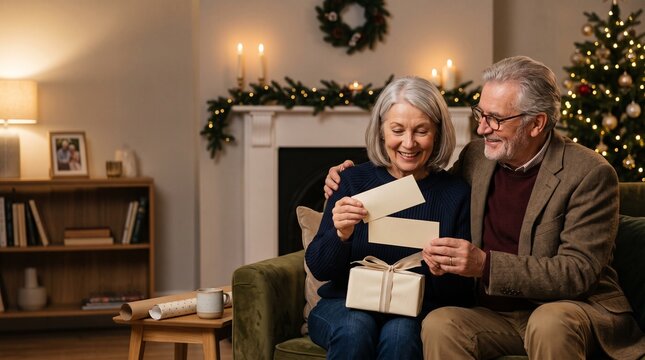 Elderly couple exchanging gifts and cards during Christmas celebration at home