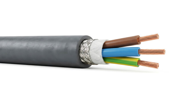Cut electrical cable showing internal wires on a white background detail