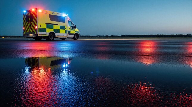 Ambulance with flashing red and blue lights on wet airport tarmac. Emergency vehicle parked on runway reflects lights on dark wet surface at dusk.