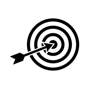 Black outline target icon with an arrow hitting the center bullseye bull eye symbol