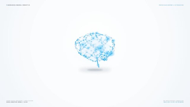 Abstract 3D rendering of a human brain formed by interconnected glowing blue dots and lines, rotating smoothly on a pristine white background. This futuristic visualization symbolizes advanced neur...