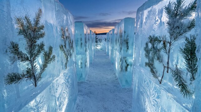 Ice block maze with pine branches for winter holiday background and seasonal banner