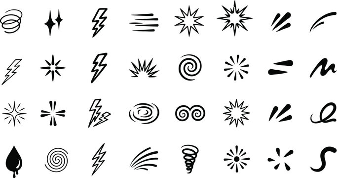 Hand-drawn comic action effects, sparkles, lightning bolts, and emotion doodles set.