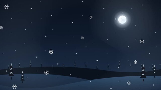 Winter landscape under full moon with snowflakes falling over dark forest