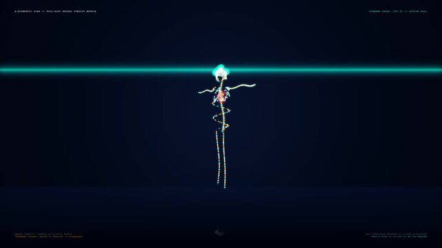 Futuristic digital full-body scan of a detailed wireframe human model, centrally displayed against a dark blue background with a bright, dynamic turquoise laser light meticulously sweeping vertical...