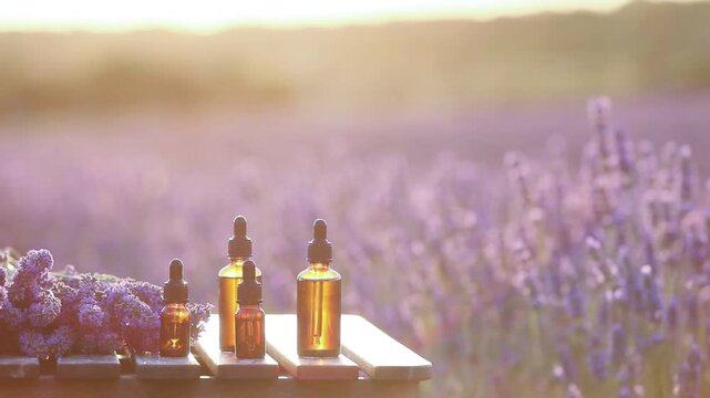 Amber essential lavender oil bottle. Violet lavendar field in Provence.