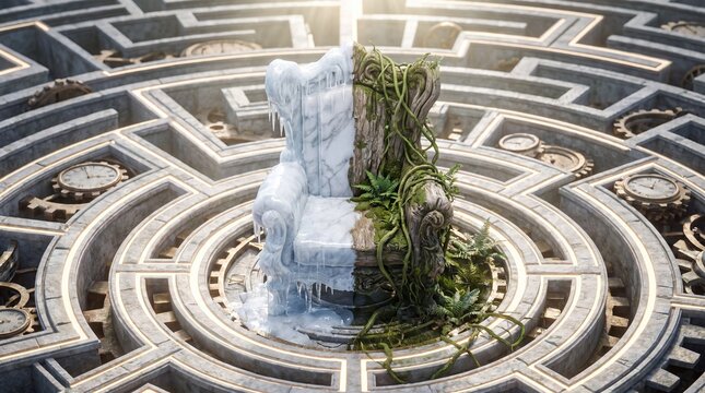Surreal throne with ice and nature elements in a clockwork maze for wall art