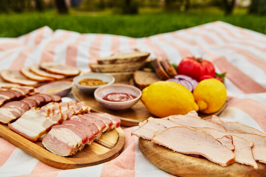 Outdoor picnic spread with sliced smoked meats, charcuterie, rustic bread, sauces, and fresh produce on a blanket
