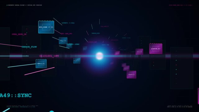 Abstract visualization of glowing blue and pink futuristic digital data flowing through a dark cyberspace, illustrating artificial intelligence, neural networks, and quantum computing processes wit...