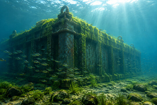 A large underwater caisson on a riverbed with fish and green moss in sunlit water.