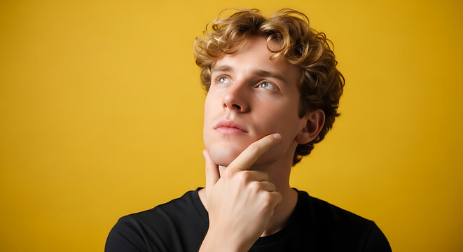 Young man thinking with hand on chin looking up against a yellow background