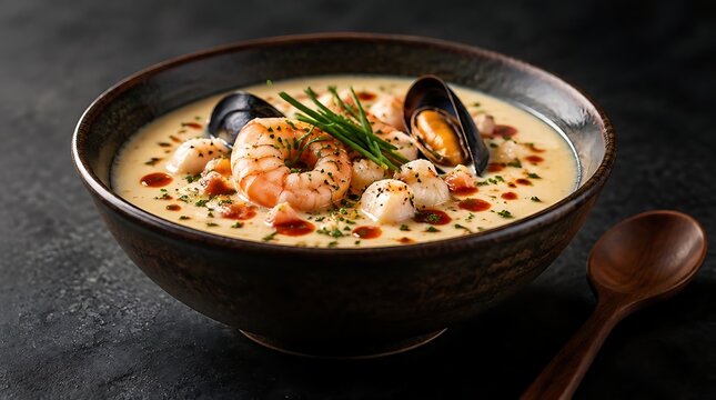 Gourmet Seafood Bisque with Prawns, Mussels, and Scallops in a Rustic Ceramic Bowl; Professional Macro Food Photography Featuring Creamy Chowder Garnished with Fresh Chives and Chili Oil Droplets