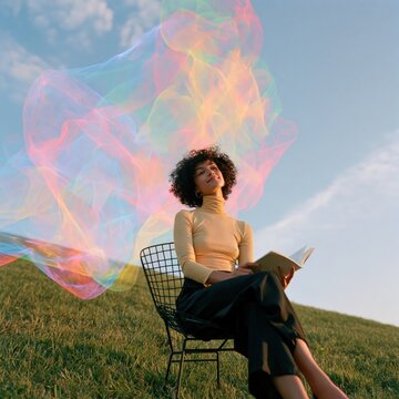 Seated reader with translucent rainbow light ribbons on grassy slope for editorial background and soft poster design