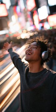 Young man with headphones enjoying motion blur city lights at night for dynamic banner poster wallpaper celebrating music and freedom