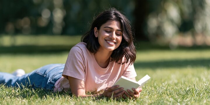 Young woman reading book outdoors on grass in park for relaxed lifestyle background and banner design