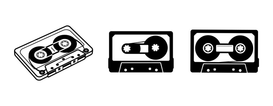 Vintage audio cassette tapes collection displayed as simple black icons for retro music and media concepts with old school cassette tape music storage tape deck media icon analog audio