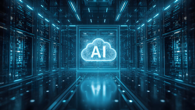 Cloud and edge computing technology data transfer concept. A large cloud icon is in the center, Ai Brain Cloud Big data, network, Science and futuristic ai cloud background concept.