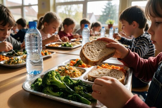 Children eat healthy school lunch from metal trays in cafeteria. Kids eat broccoli carrots rice bread. Water bottle on table. Nourishment for pupils.