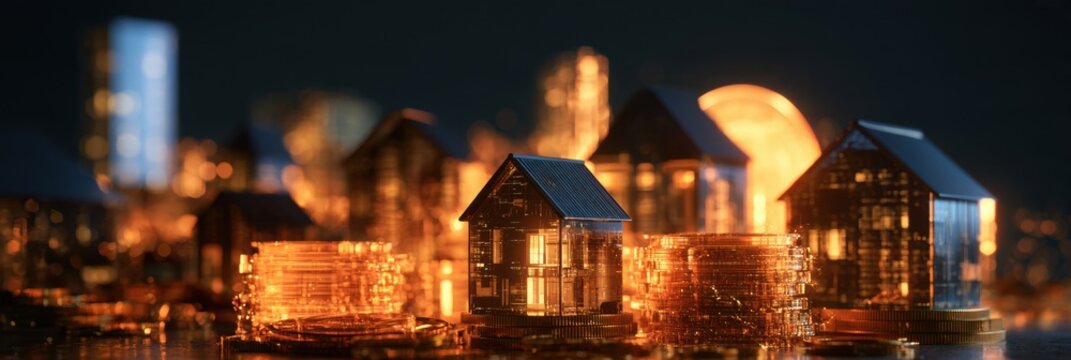 Concept art symbolizes real estate investment with abstract assets and cash flows for rental income set against a dark backdrop.