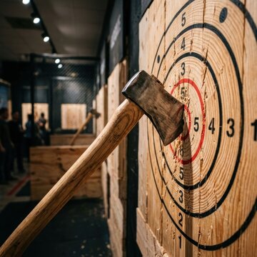 Axe Throwing Target With Axe Embedded In Bullseye.