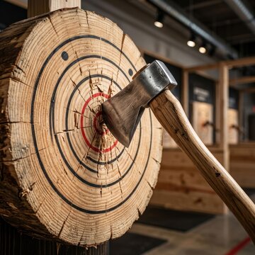 Axe Embedded in a Wooden Target During a Competitive Axe Throwing Event.