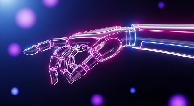 Futuristic robotic hand reaching out with glowing neon outlines against a dark bokeh background