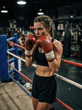 Female Boxer Training Hard in Boxing Ring Ready for Fight.